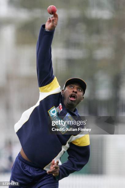 Muttiah Muralitharan of Sri Lanka in action during the practice session at Lords on April 21, 2006 in London, England.