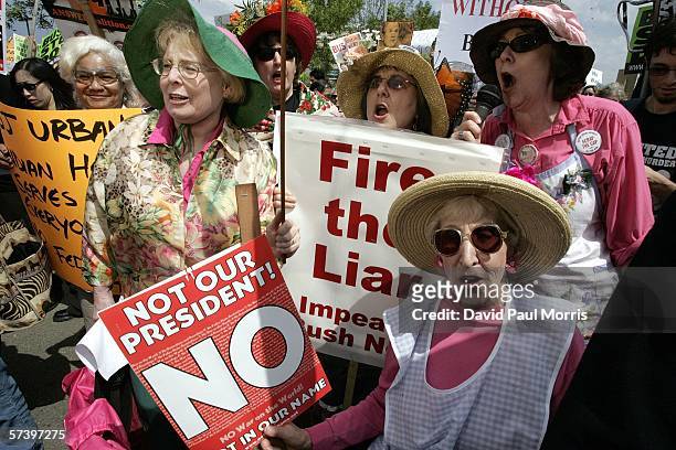 The Peninsula Raging Grannies join other demonstrators against U.S. President George W. Bush's visit to Northern California in front of Cisco Systems...