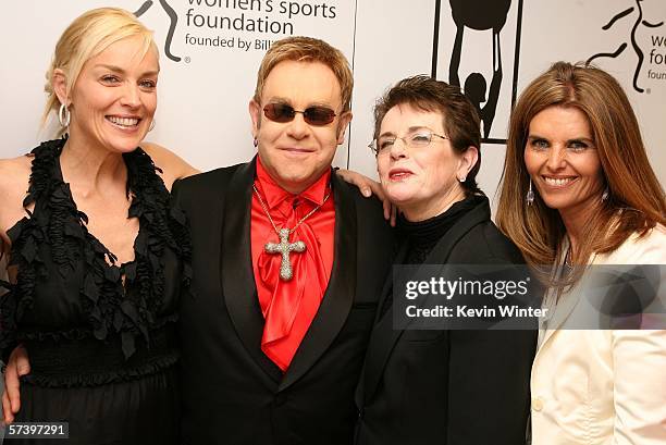 Actress Sharon Stone, Sir Elton John, tennis great Billie Jean King and First Lady of California Maria Shriver pose backstage at the inaugural The...