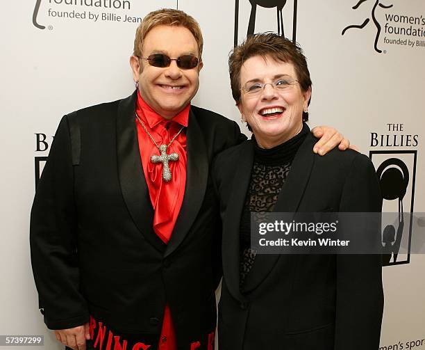 Sire Elton John and tennis great Billie Jean King pose backstage at the inaugural The Billies presented by The Women's Sports Foundation at the...