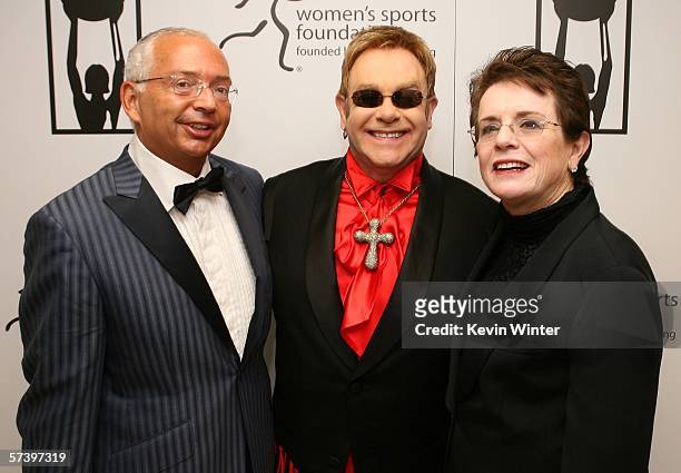 Benefactor Henri Zimand, Sir Elton John and tennis great Billie Jean King pose backstage at the inaugural The Billies presented by The Women's Sports...