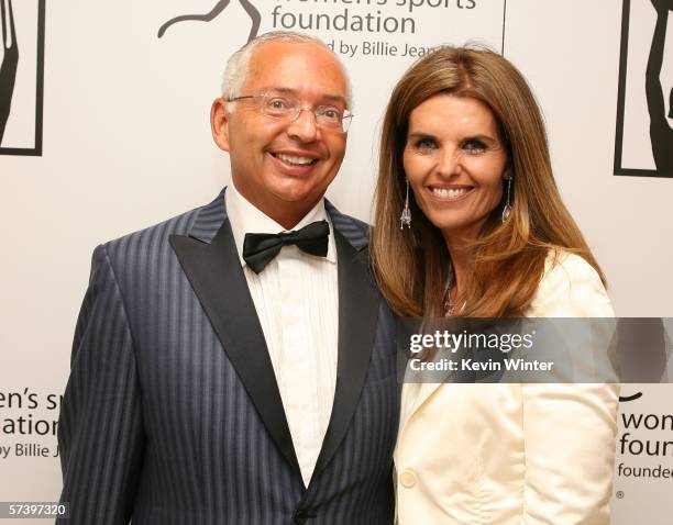 Benefactor Henri Zimand and First Lady of California Maria Shriver pose backstage at the inaugural The Billies presented by The Women's Sports...