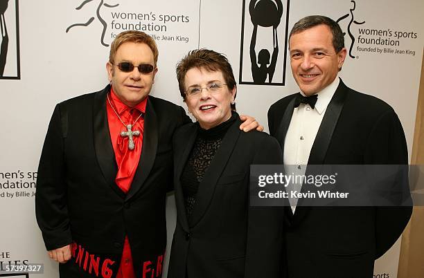 Sir Elton John, tennis great Billie Jean King and Walt Disney President and Chief Executive Officer Bob Iger pose backstage at the inaugural The...