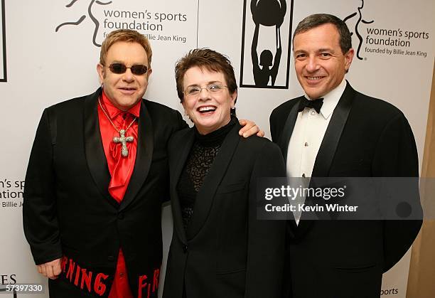 Sir Elton John, tennis great Billie Jean King and Walt Disney President and Chief Executive Officer Bob Iger pose backstage at the inaugural The...