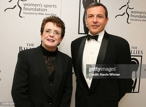 Tennis great Billie Jean King and Walt Disney President and Chief Executive Officer Bob Iger pose backstage at the inaugural The Billies presented by...