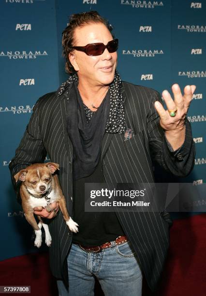 Actor Mickey Rourke holds his dog Loki as he arrives at an auction for PETA held at the groundbreaking party for the third tower at Panorama Towers,...