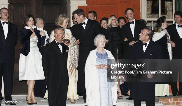 Queen Elizabeth II and Prince Philip the Duke of Edinburgh with Prince Charles, Prince William, Prince Harry and others watch a firework display at...