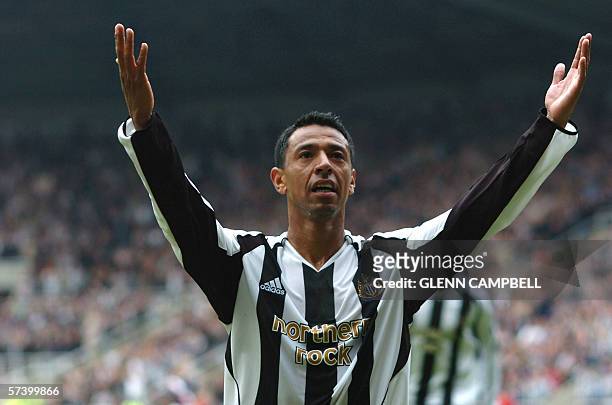 Nolberto Solano of Newcastle United celebrates his goal against West Bromwich Albion in the English Premiership at St James Park, Newcastle 22 April...
