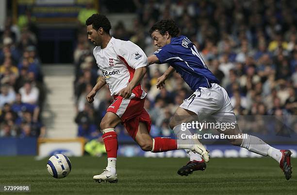 Jermaine Pennant of Birmingham moves away from Simon Davies of Everton during the Barclays Premiership match between Everton and Birmingham City at...