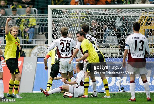 Florian Kringe of Dortmund scores the second goal during the Bundesliga match between Borussia Dortmund and 1. FC Nuremberg at the Signal Iduna Park...