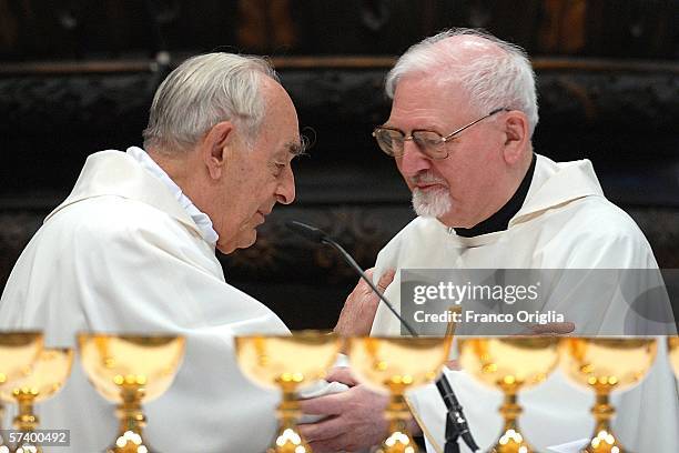 The Jesuit Cardinal Roberto Tucci and Father General Peter-Hans Kolvenbach , the Head of Jesuits known as Black Pope, attend a mass for the Society...