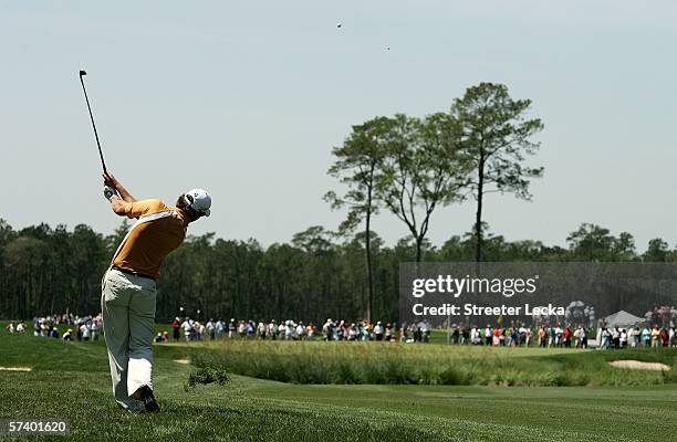 Greg Owen hits a shot out of the rough on the 3rd hole during the third round of the Shell Houston Open at Redstone Golf Club Tournament Course on...