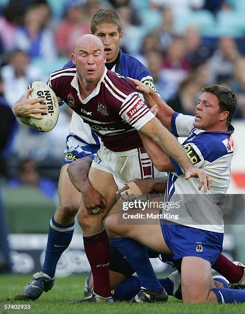 Ben Kennedy of the Sea Eagles takes on the Bulldogs defence during the round seven NRL match between the Bulldogs and the Manly-Warringah Sea Eagles...