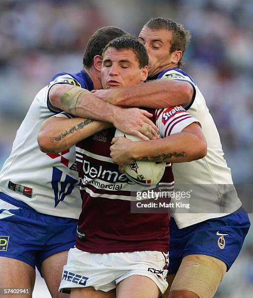 Anthony Watmough of the Sea Eagles takes on the Bulldogs defence during the round seven NRL match between the Bulldogs and the Manly-Warringah Sea...