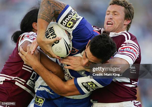 Sonny Bill Williams of the Bulldogs takes on the Sea Eagles defence during the round seven NRL match between the Bulldogs and the Manly-Warringah Sea...