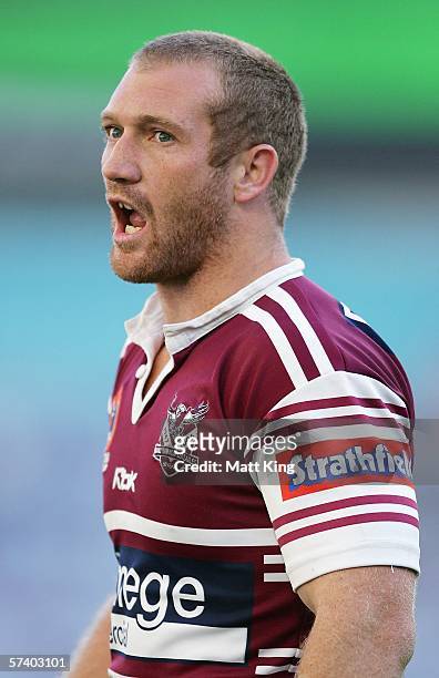 Michael Monaghan of the Sea Eagles argues with the referee after a Bulldogs try during the round seven NRL match between the Bulldogs and the...