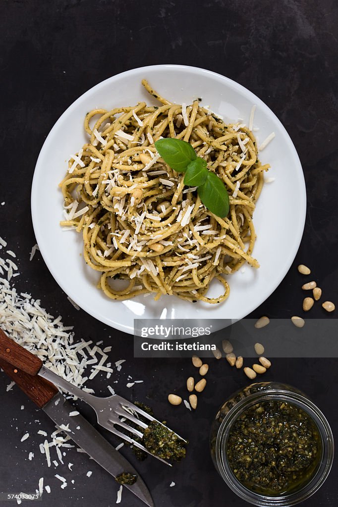 Italian traditional pasta with pesto sauce