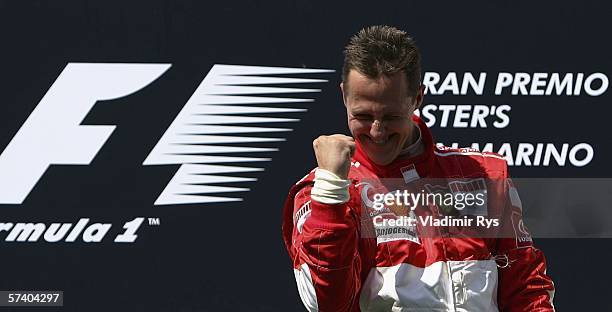 Michael Schumacher of Germany and Ferrari celebrates after winning the San Marino Formula One Grand Prix at the San Marino Circuit on April 23 in...