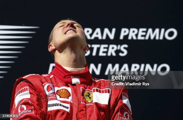 Michael Schumacher of Germany and Ferrari celebrates after winning the San Marino Formula One Grand Prix at the San Marino Circuit on April 23 in...