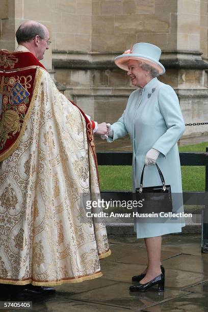 The Right Reverend David Conner greets Queen Elizabeth II as she attends the Thanksgiving Service for her 80th Birthday at St George's Chapel,...