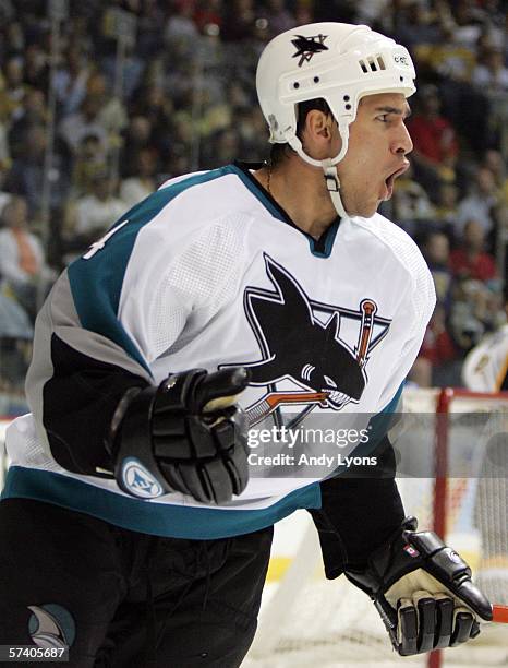 Jonathan Cheechoo of the San Jose Sharks celebrates after scoring a goal against the Nashville Predators during the second game of the Western...