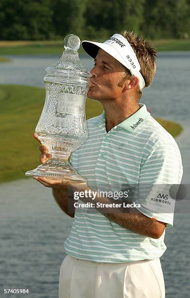 Stuart Appleby poses with the trophy after winning the Shell Houston Open at Redstone Golf Club Tournament Course on April 23, 2006 in Humble, Texas.