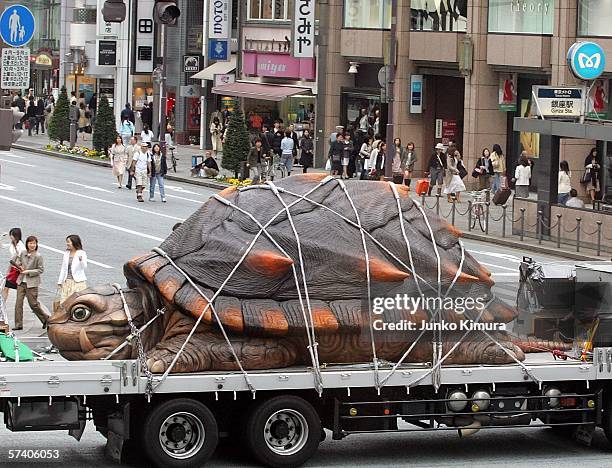 Japanese monster movie character Gamera goes through Ginza district as a part of the promotion for its new film "Gamera" on April 23, 2006 in Tokyo,...