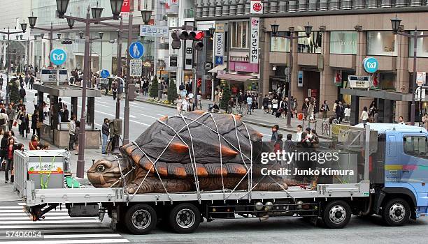 Japanese monster movie character Gamera goes through Ginza district as a part of the promotion for its new film "Gamera" on April 23, 2006 in Tokyo,...