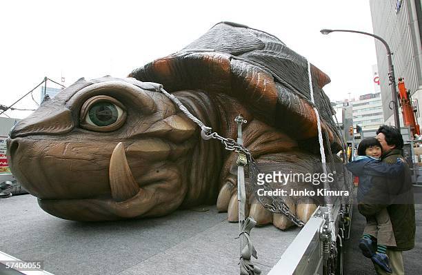 Japanese monster movie character Gamera goes through Ginza district as a part of the promotion for its new film "Gamera" on April 23, 2006 in Tokyo,...