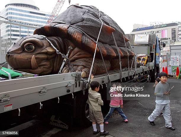 Japanese monster movie character Gamera goes through Ginza district as a part of the promotion for its new film "Gamera" on April 23, 2006 in Tokyo,...