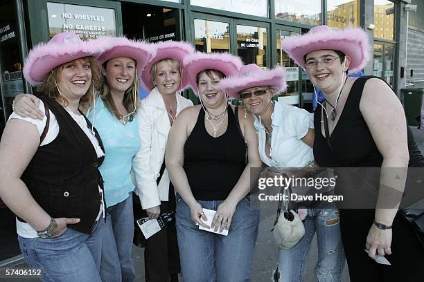 Fans of "Take That" are seen outside the venue for the band's opening night of their 'Ultimate Tour 2006' at Metro Radio Arena on April 23, 2006 in...