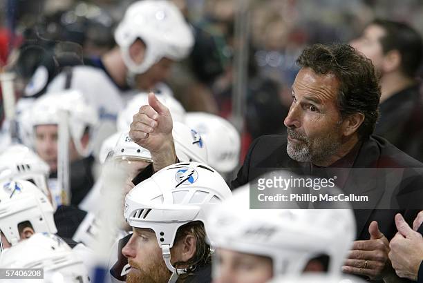 Head coach John Tortorella of the Tampa Bay Lightning instructs his team during a timeout late in game two of the Eastern Conference Quarterfinals...