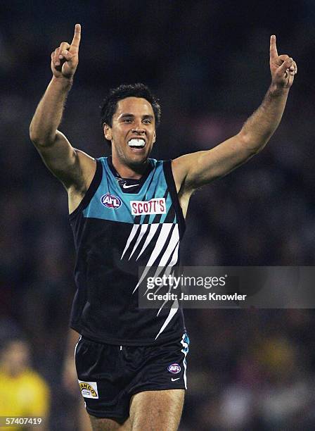 Troy Chaplin of Port celebrates a goal during the round four AFL match between the Port Adelaide Power and the St Kilda Saints at AAMI Stadium April...