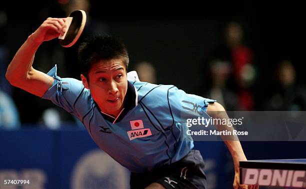 Kaii Yoshida of Japan in action against Se Hyuk Joo of South Korea during the first day of the Liebherr World Team Table Tennis Championships at the...