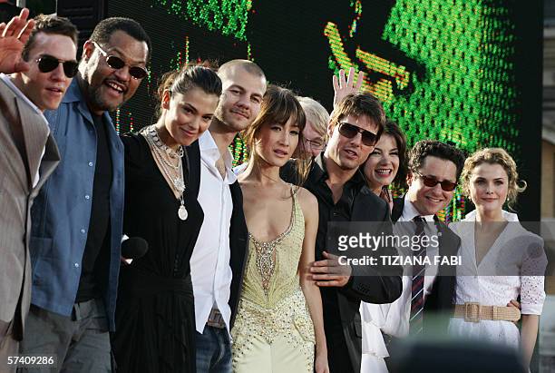 Actors and film director of "Mission Impossible III" Jonathan Rhys Meyers , Laurence Fishburne Maggie Q , Philip Seymour Hoffman , Tom Cruise ,...