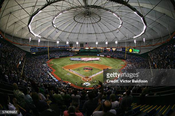 Tropicana Field is shown before the Tampa Bay Devil Rays home opener against the Baltimore Orioles at Tropicana Field on April 10, 2006 in St....