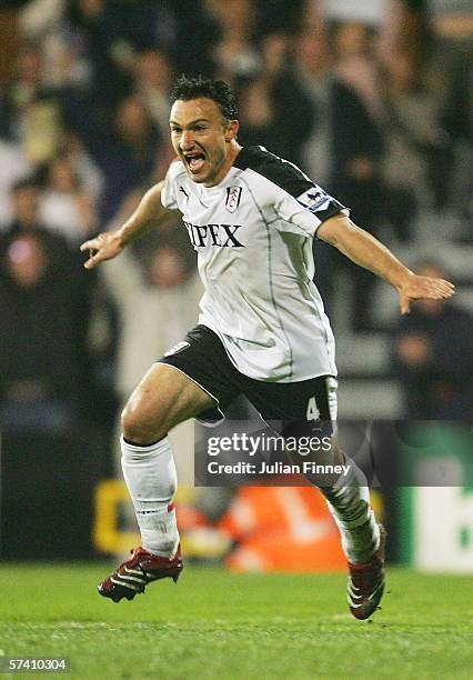 Steed Malbranque of Fulham celebrates the opening goal during the Barclays Premiership match between Fulham and Wigan Athletic at Craven Cottage on...