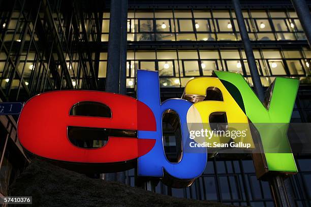 The logo of Internet auction house eBay glows at the company's German headquarters April 24, 2006 in Kleinmachnow, Germany. Germany is among eBay's...