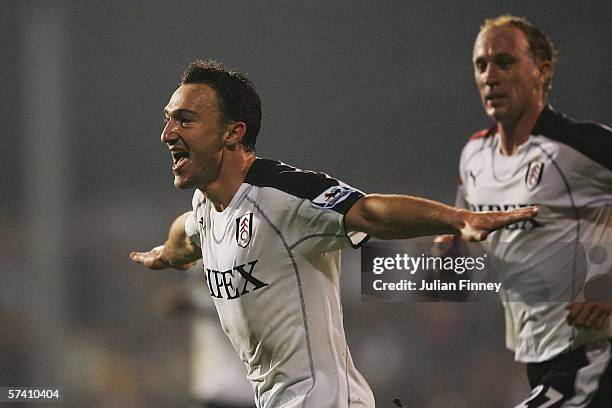 Steed Malbranque of Fulham celebrates the opening goal during the Barclays Premiership match between Fulham and Wigan Athletic at Craven Cottage on...