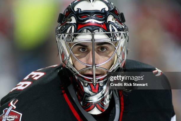 Ryan Miller of the Buffalo Sabres watches play against the Philadelphia Flyers during Game 2 of the Eastern Conference Quarterfinals on April 24,...