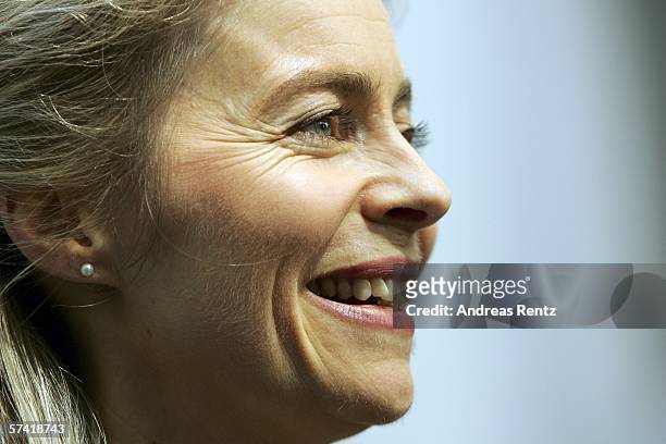 German Minister for Families Ursula von der Leyen smiles during a press conference on April 25, 2006 in Berlin, Germany. Von der Leyen presented the...