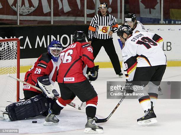 Marco Sturm of Germany scores the second goal during the IIHF World Championship Division 1 Group A match between Germany and Japan on April 25, 2006...