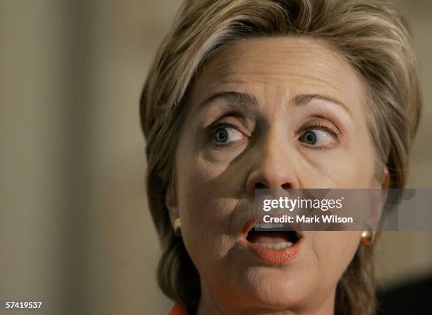 Senator Hillary Clinton speaks during a news conference on Capitol Hill April 25, 2006 in Washington DC.The news conference was held to announce the...