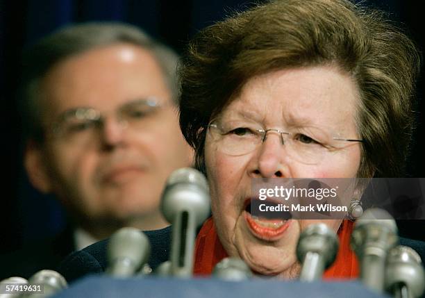 Sen. Barbara Mikulski flanked by Sen. Robert Menendez speaks about gas prices on Capitol Hill April 25, 2006 in Washington DC. The Congressional...