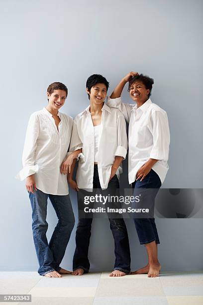 portrait of three women - three people white background stock pictures, royalty-free photos & images