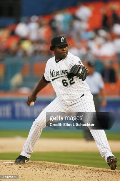 Franklyn German of the Florida Marlins pitches against the San Diego Padres during the home opener at Dolphin Stadium on April 11, 2006 in Miami,...