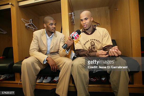 Josh Smith , of the Atlanta Hawks, interviews Richard Jefferson of the New Jersey Nets after their victory over the Indiana Pacers in game two of the...