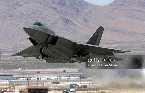 United States Air Force F-22 Raptor takes off from Nellis Air Force Base while participating in the Joint Expeditionary Force Experiment 2006 April...