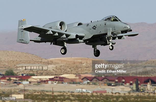 United States Air Force A-10 Thunderbolt II lands at Nellis Air Force Base while participating in the Joint Expeditionary Force Experiment 2006 April...