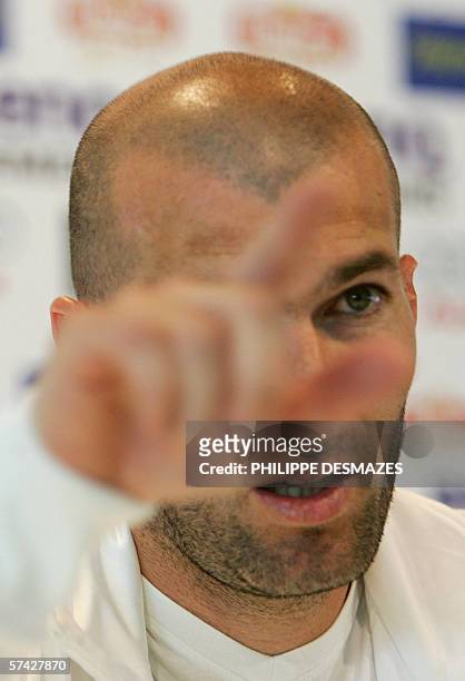 Real Madrid's French playmaker Zinedine Zidane is seen at a press conference in Madrid where he announced his retirement from Real Madrid and the...